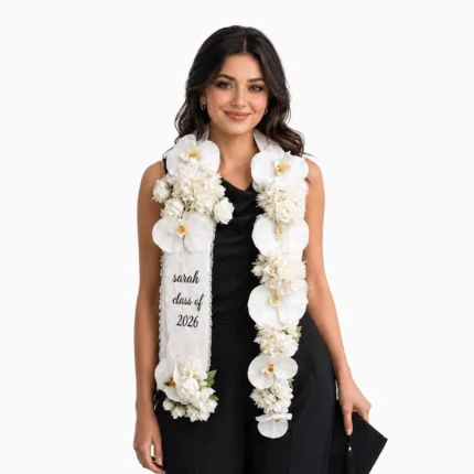 White Orchid Graduation Lei - Fresh dendrobium orchid flower garland Vancouver