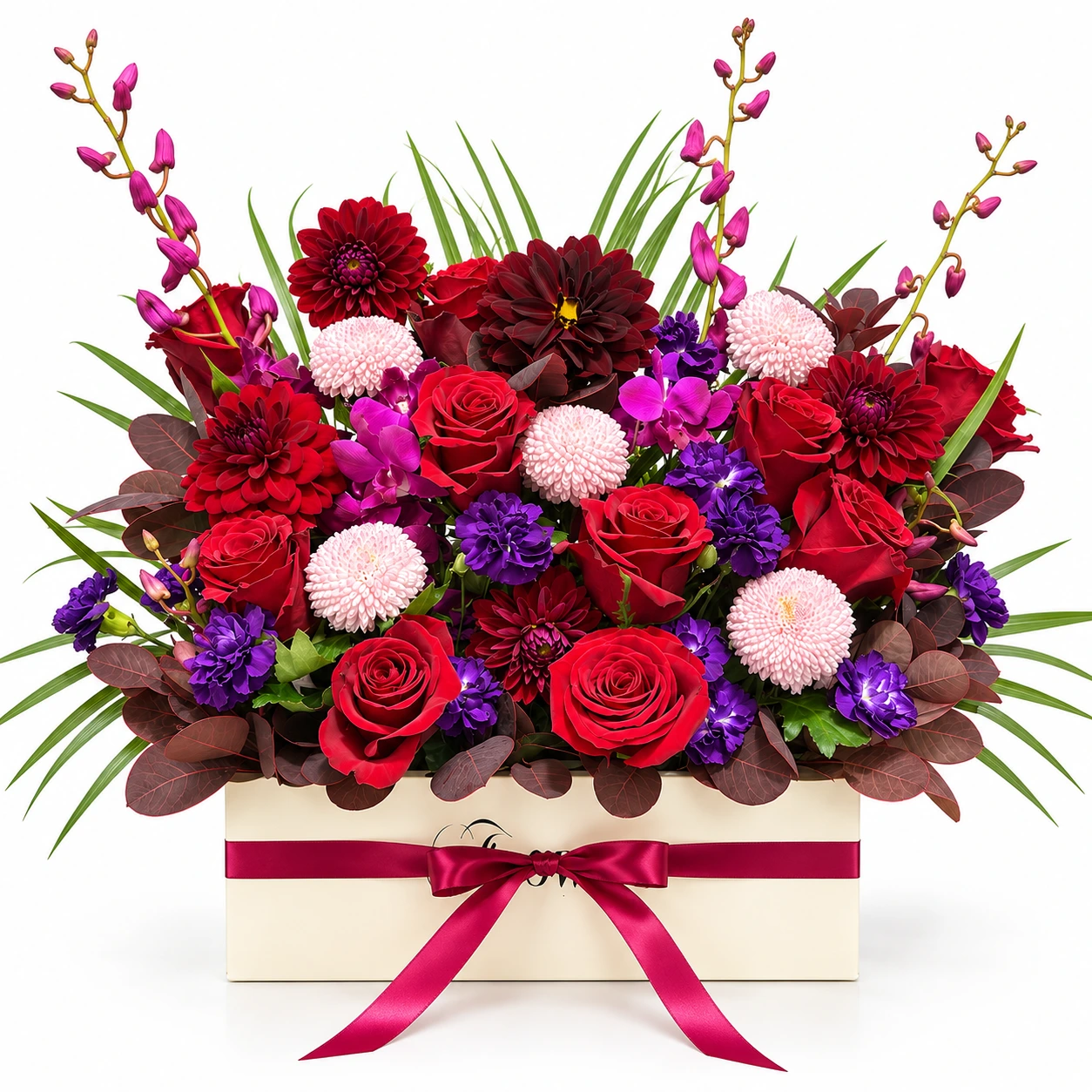 Plum Passion Floral Box Plum Passion floral box - Deep red rose purple orchid and dahlia box arrangement Vancouver