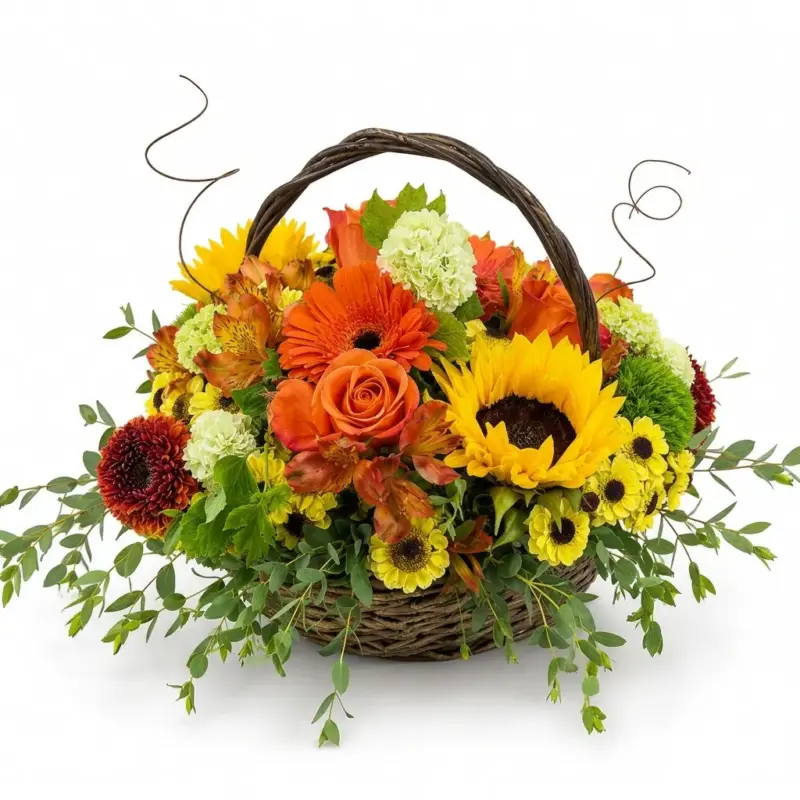 Autumn Cheer flower basket - Sunflower gerbera and orange rose arrangement Vancouver