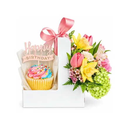Birthday Blooms and Treats Box - Birthday gift box with fresh yellow and pink flowers and a decorated birthday cupcake Vancouver