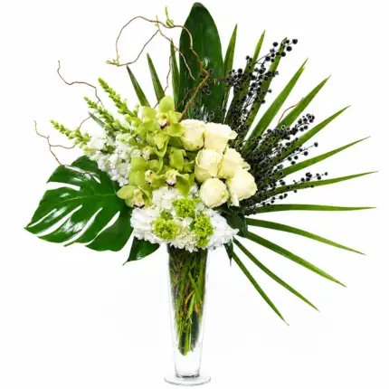Emerald tropical flower arrangement - Green cymbidium orchid white rose in glass vase Vancouver