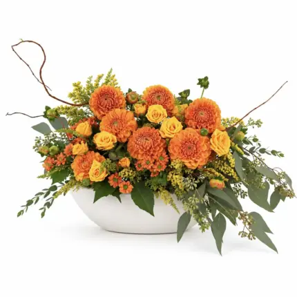 Fall Fanfare flower arrangement - Orange dahlia and yellow rose in white ceramic vessel Vancouver