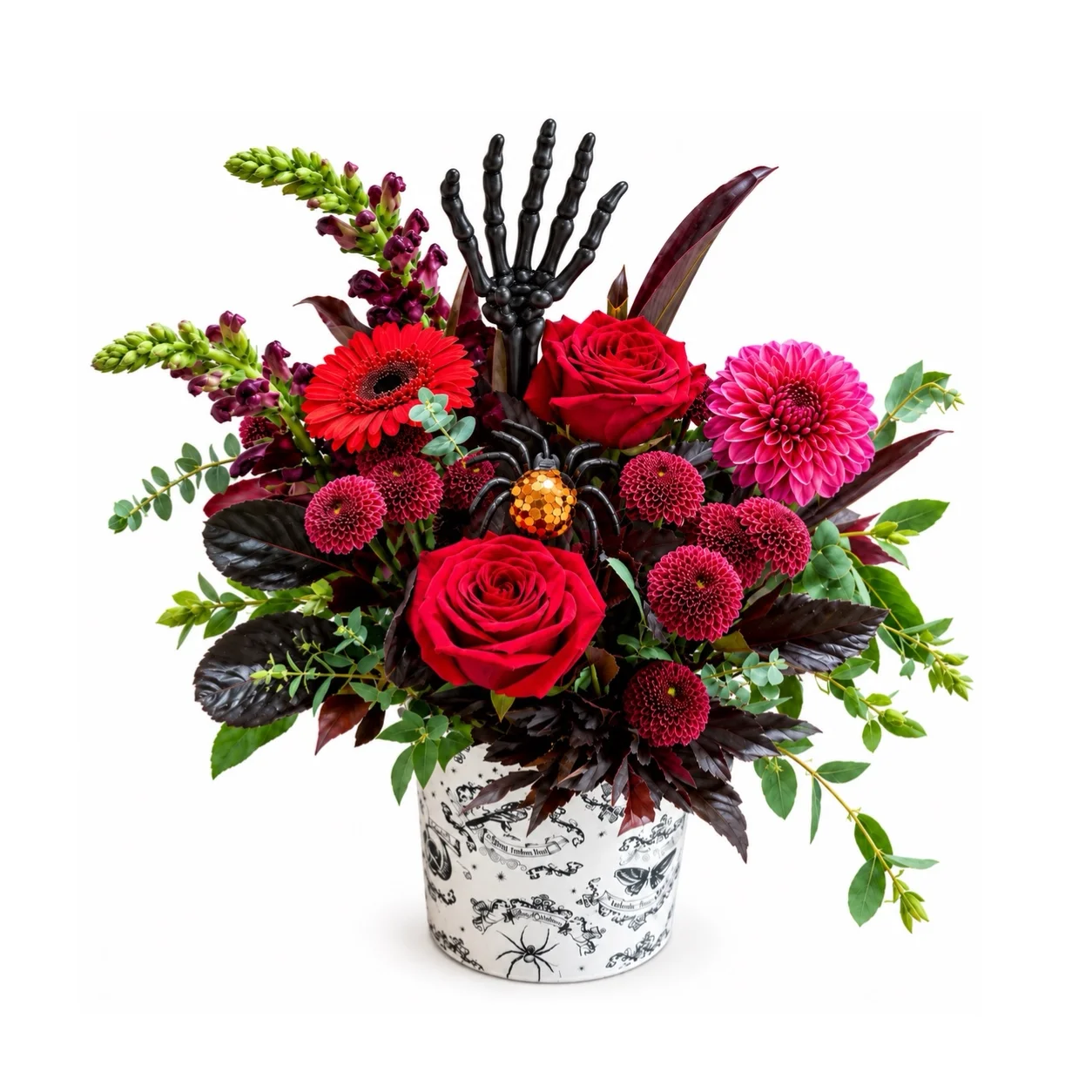 Haunted Garden Floral Arrangement Haunted Garden Floral Arrangement - Spooky Halloween red roses and dahlia flowers in skeleton pot Vancouver