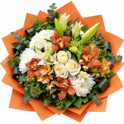Love in Fall Bouquet - Orange cymbidium orchid and white lily autumn bouquet Vancouver