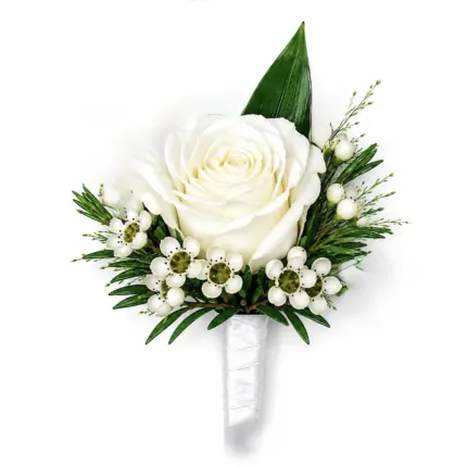 White Rose Boutonniere - Classic white rose and waxflower wedding boutonniere Vancouver