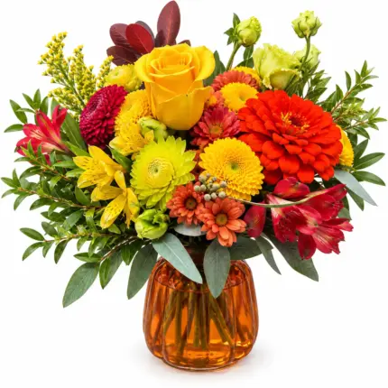 Hello Fall flower arrangement - Yellow rose and orange dahlia in amber glass vase Vancouver