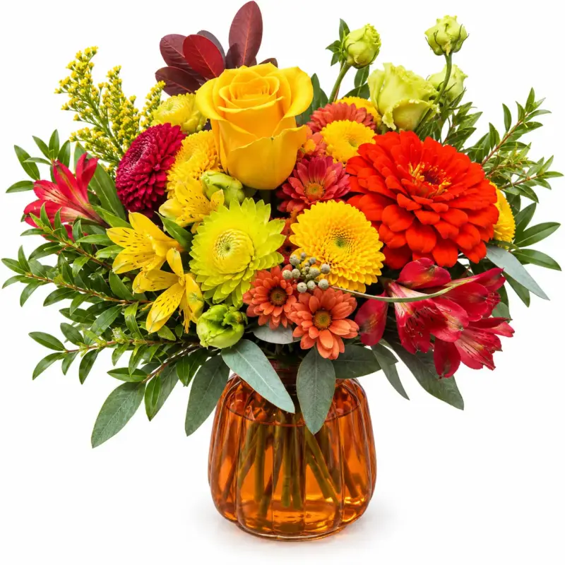 Hello Fall flower arrangement - Yellow rose and orange dahlia in amber glass vase Vancouver