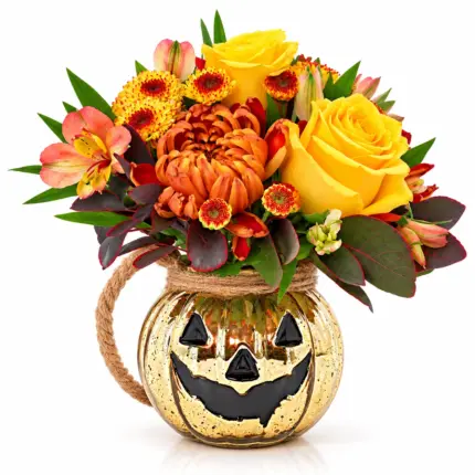 Happy Halloween arrangement - Yellow roses and orange chrysanthemums in jack-o-lantern planter Vancouver